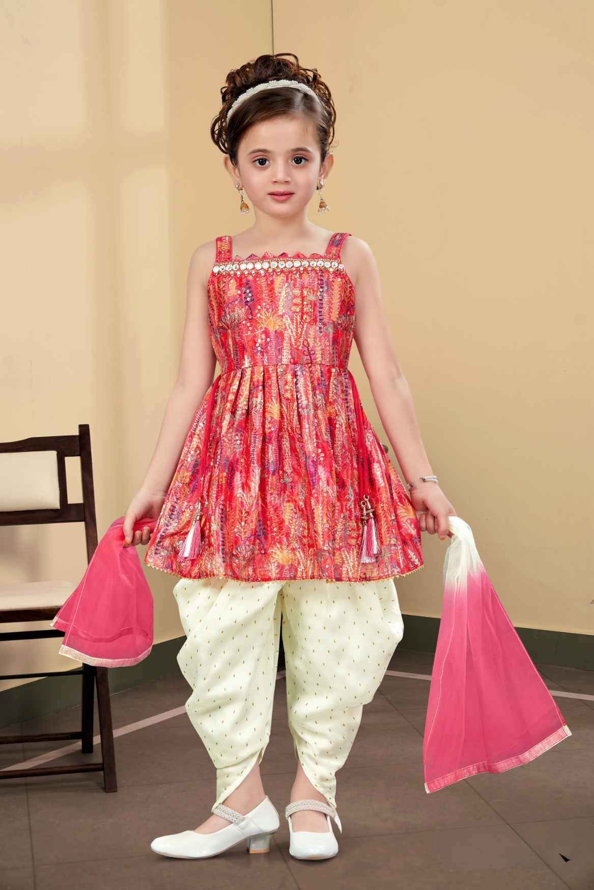 Orange And Cream Printed And Sequin Top With Dhoti Bottom Set For Girls