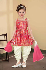 Orange And Cream Printed And Sequin Top With Dhoti Bottom Set For Girls