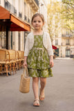 Girls Olive Green Printed Frock with Crochet Shrug