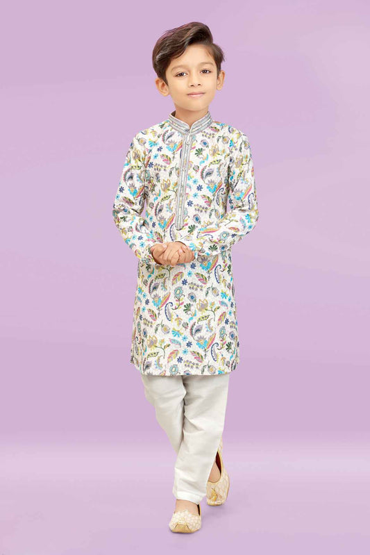 White Kurta With Multicolor Printed For Boys