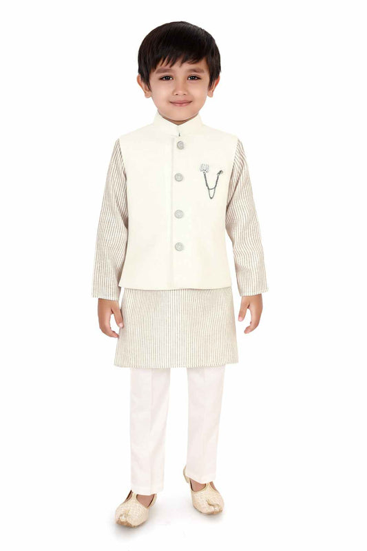 Cream And Khaki Striped Kurta With Pant And Waistcoat Set For Boys