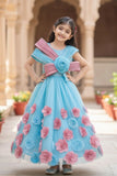 Dreamy Blue & Pink 3D Floral Embellished Party Gown For Girls