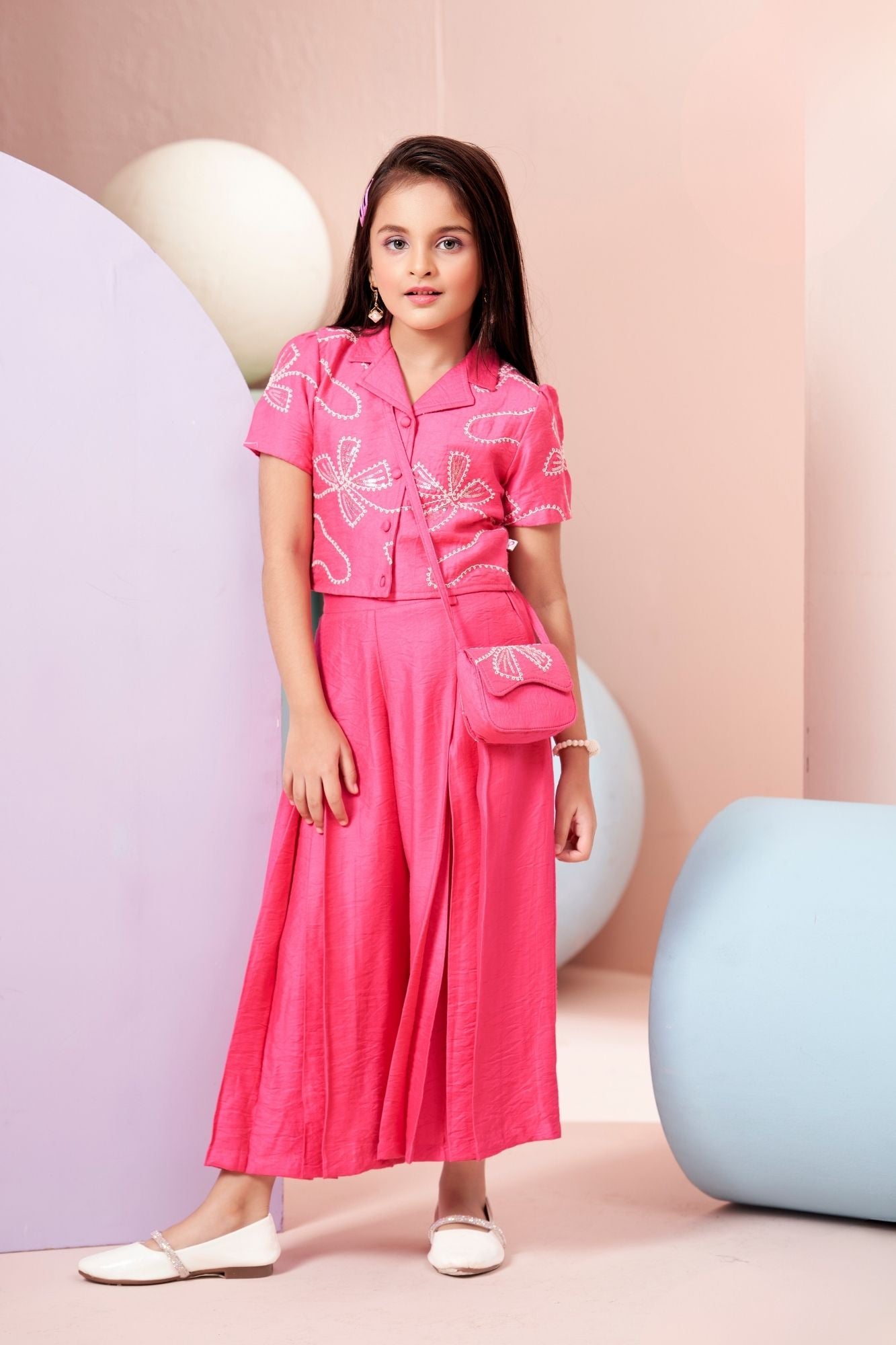Girls Pink Embroidered Co-Ord Set with Collared Crop Top And Wide-Leg Pants