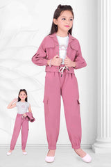 Classic Onion Pink Overcoat With T shirt And Bottom Set For Girls