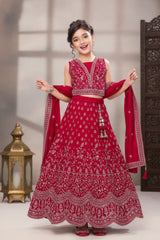Rani Pink Embroidered Lehenga Choli Set with Dupatta For Girls