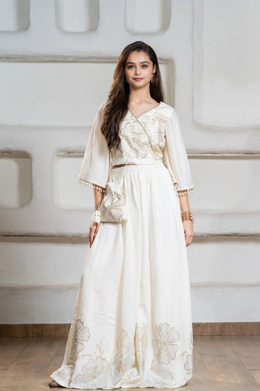 Designer Cream Embroidered Palazzo Set with Potli Bag for Girls