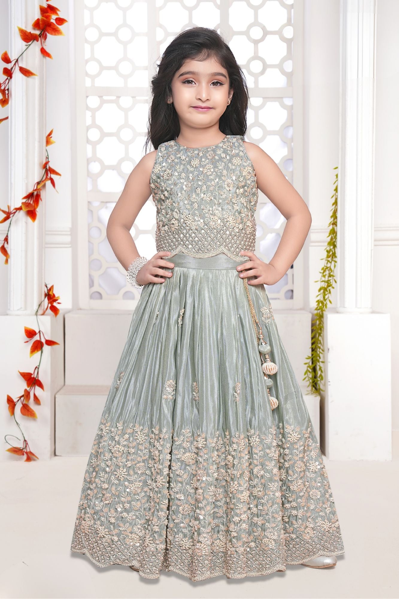Light Grey Heavy Embroidered Lehenga Choli For Girls