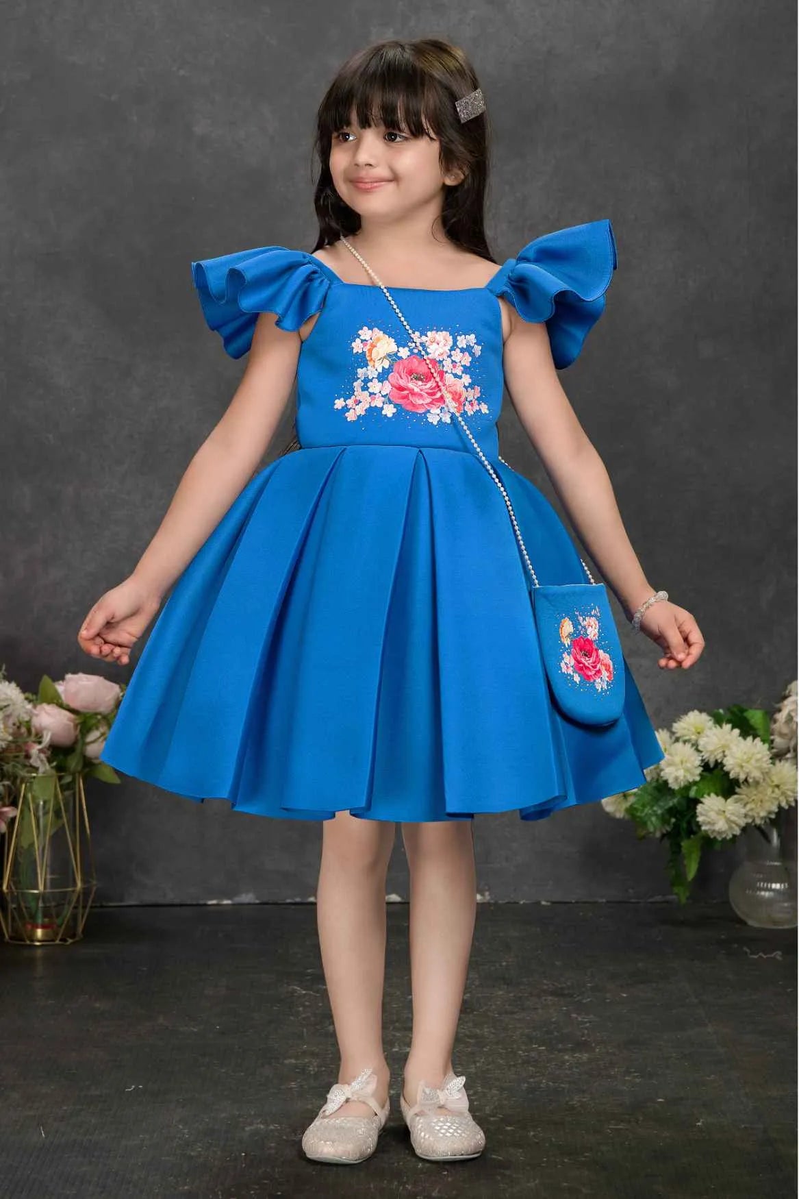 Blue Floral Embroidered Frock with Sling Bag For Girls