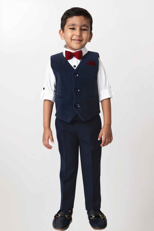 White Shirt With Navy Blue Waistcoat And Pant Set For Boys