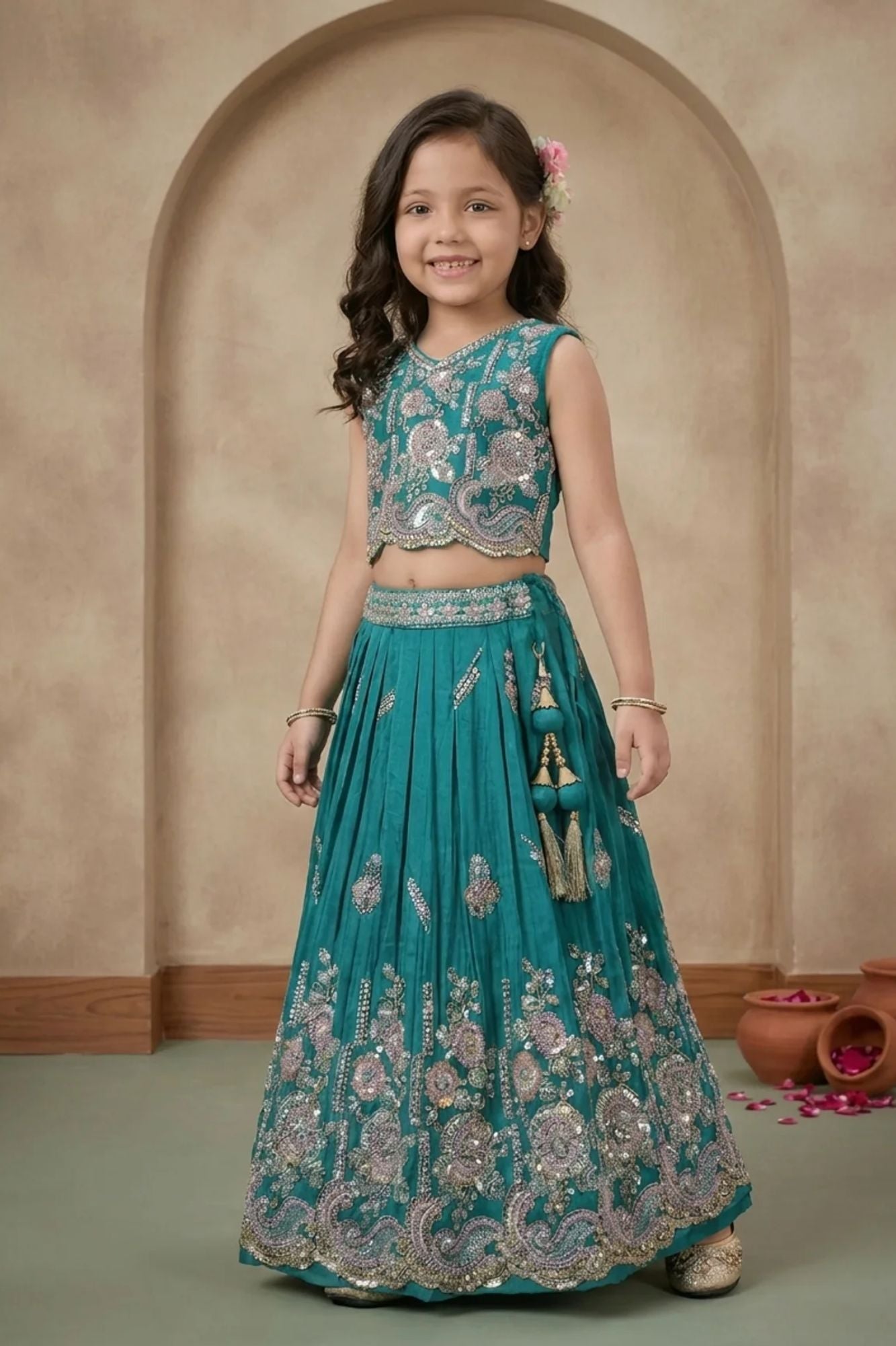 Girls Rama Green Embroidered Lehenga Choli Set with Dupatta