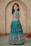 Girls Rama Green Embroidered Lehenga Choli Set with Dupatta