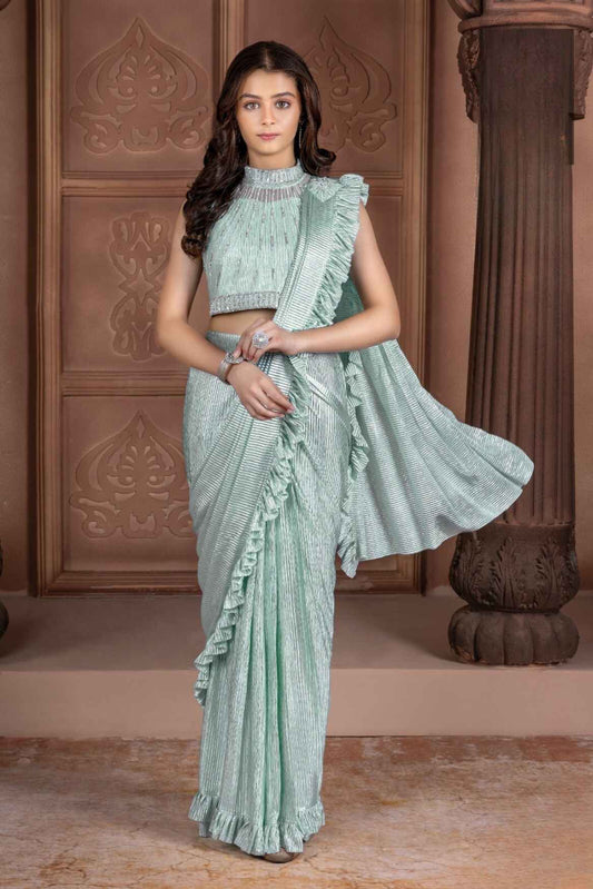 Sea Green Ruffled And Sequined Saree For Girls