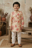 Beige Floral Printed Kurta Set With Pajama For Boys