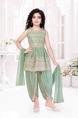 Pista Green Embroidered And Sequin Work Top With Dhoti Bottom Set For Girls