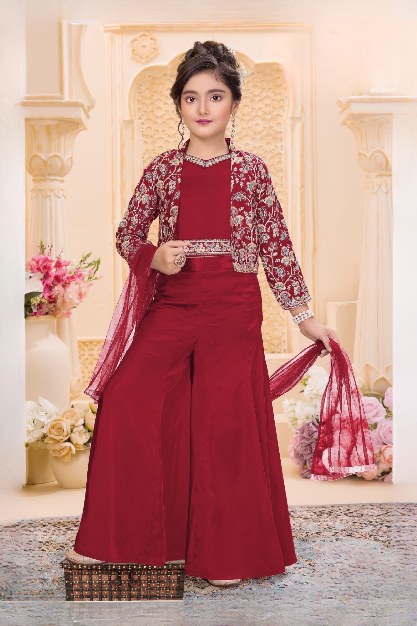 Red Embroidered 3-Piece Palazzo Set for Girls