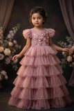 Girls Dusty Pink Layered Ruffle Party Gown with Floral Embellished Bodice