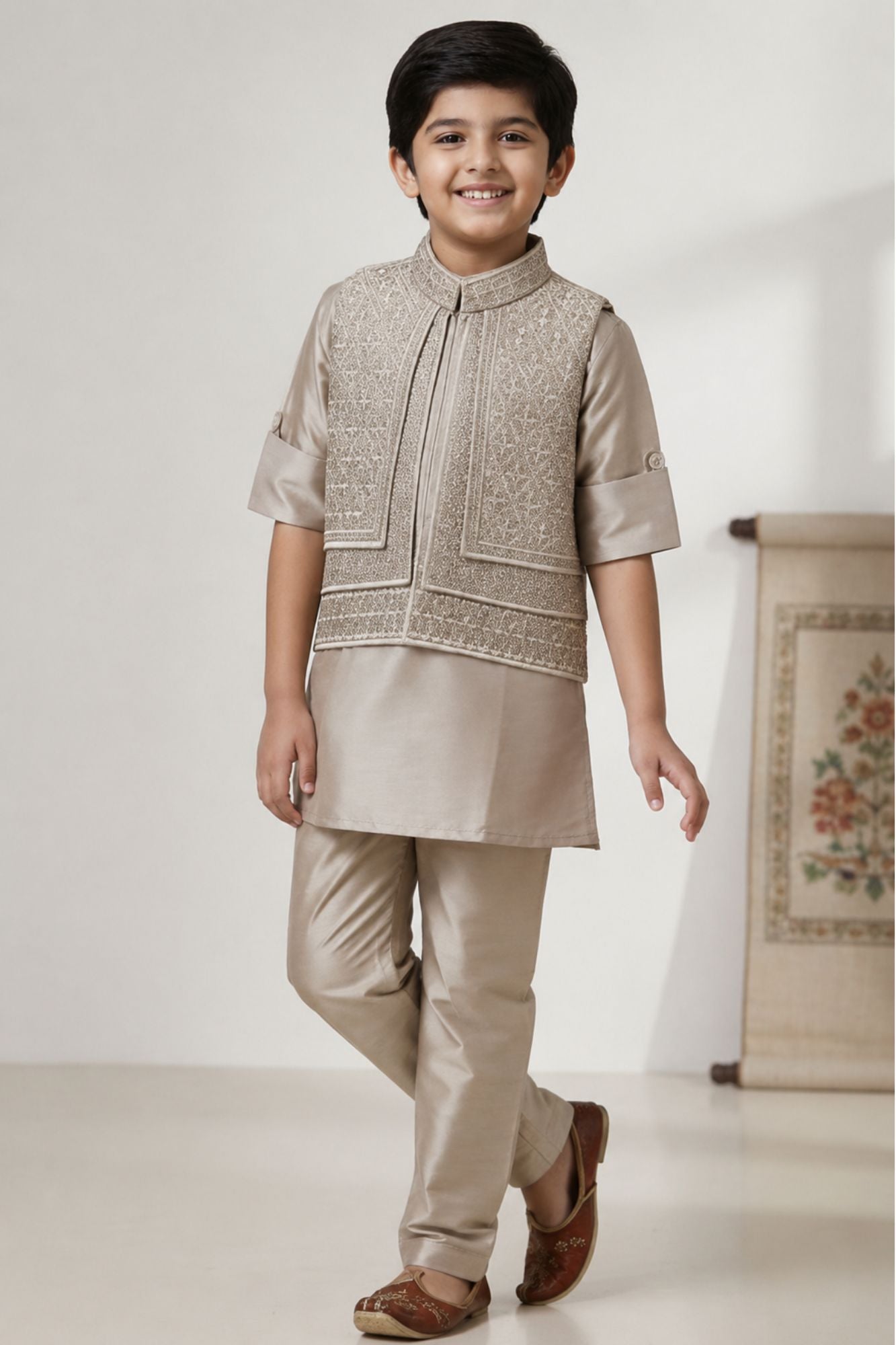 Fawn Embroidered Kurta Pajama Set with Ethnic Jacket for Boys