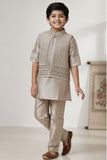 Fawn Embroidered Kurta Pajama Set with Ethnic Jacket for Boys