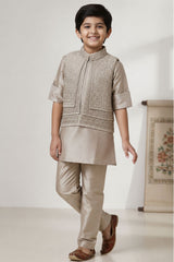 Fawn Embroidered Kurta Pajama Set with Ethnic Jacket for Boys