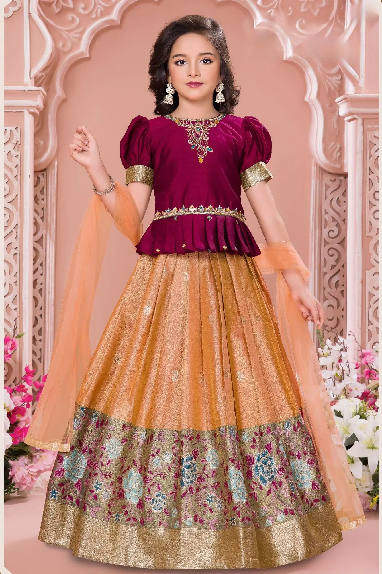 Maroon And Peach Silk Pattu Pavadai with Puff Sleeves For Girls
