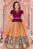 Maroon And Peach Silk Pattu Pavadai with Puff Sleeves For Girls