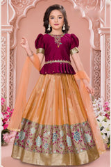 Maroon And Peach Silk Pattu Pavadai with Puff Sleeves For Girls