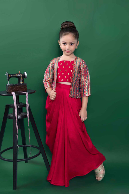 Red Sequin Top And Dhoti Bottom Set With Brocade Overcoat For Girls