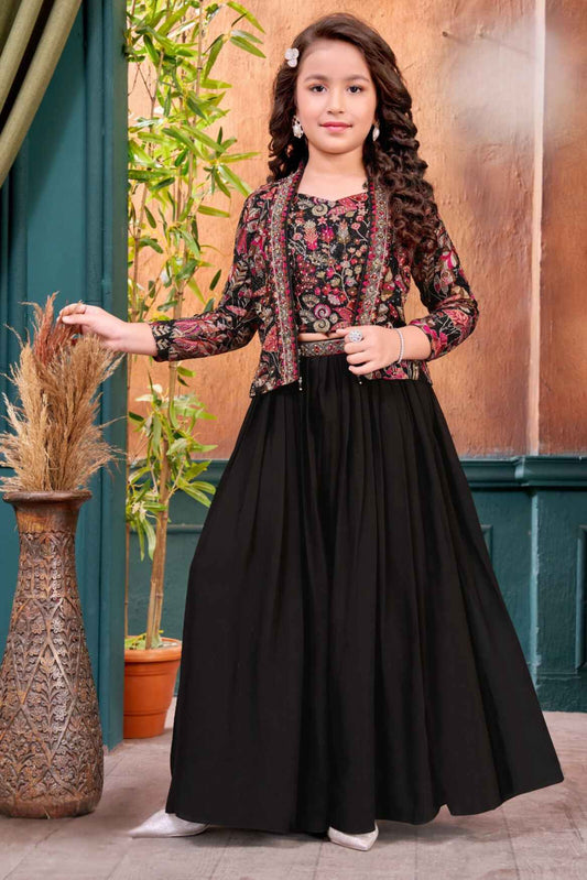 Black Palazzo Set With Sequin And Embroidered For Girls