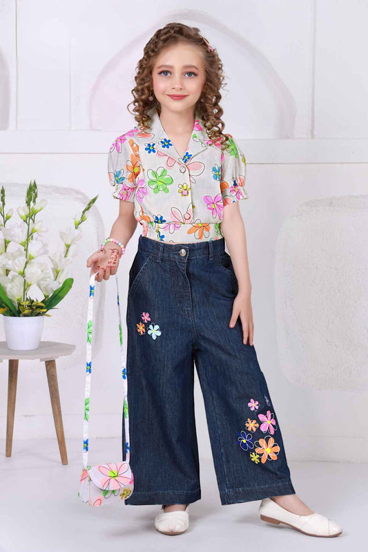 Multicolor Floral Printed Shirt With Dark Blue Embroidered Wide Leg Denim Pants Set For Girls