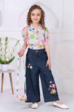 Multicolor Floral Printed Shirt With Dark Blue Embroidered Wide Leg Denim Pants Set For Girls