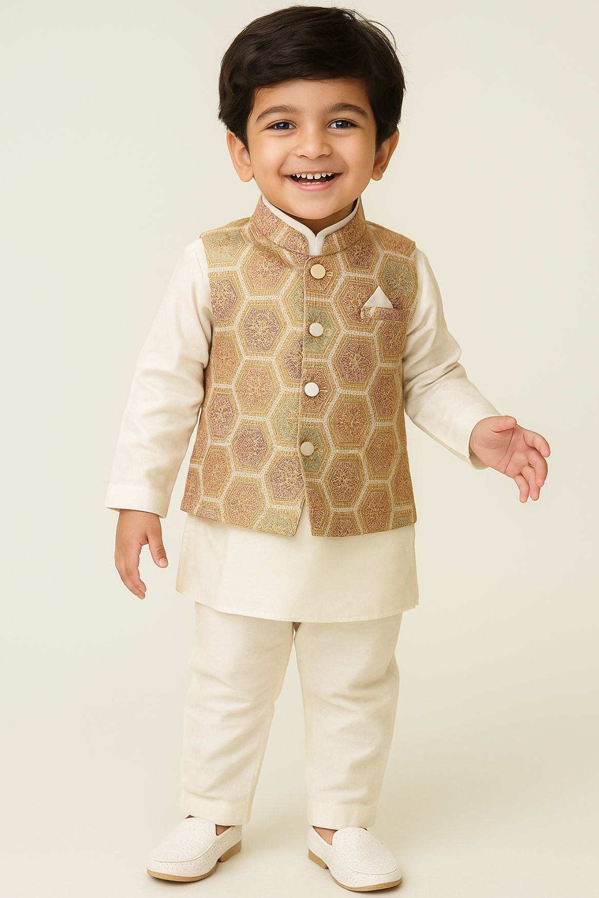 Cream Kurta Set With Hexagonal Brocade Waist Coat For Boys