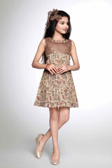 Blended Cotton Printed Frock With Tinge of Gold For Girls