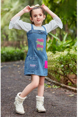 Denim Dungri Skirt With White 3/4 Sleeves T Shirt For Girls