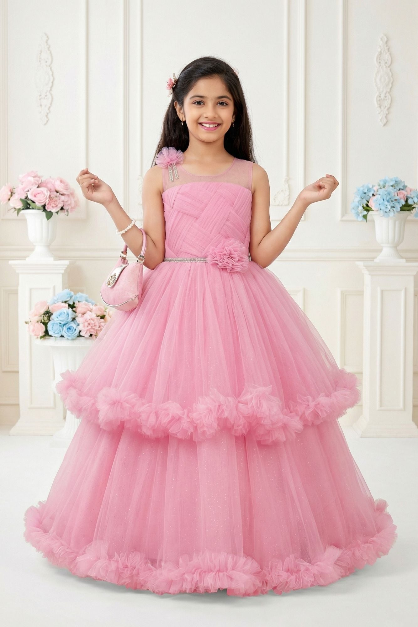 Baby Pink Layered Net Party Gown with Floral Ruffle Hem For Girls