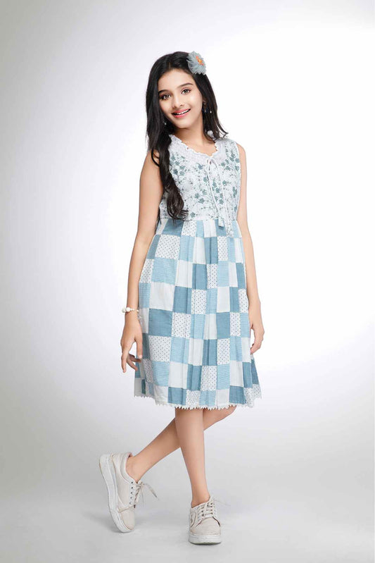 Blue Breeze Floral Checkered With Embroidered Bodice Dress For Girls