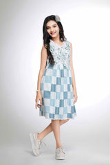 Blue Breeze Floral Checkered With Embroidered Bodice Dress For Girls