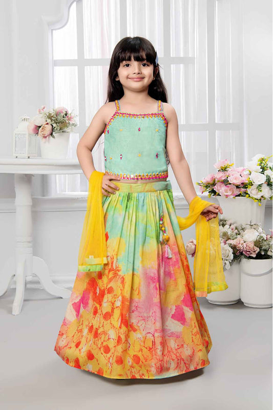 Multicolor Printed And Mirror Work Lehenga Choli Set For Girls