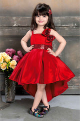 Red Tail Back Frock With Sequins Work And Bow Embellished For Girls