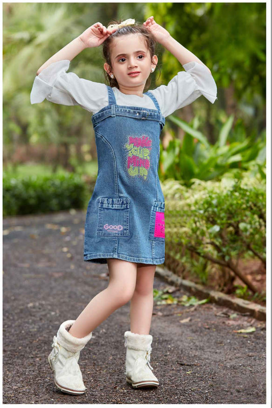 Denim Printed Dungaree Skirt With White 3/4 Sleeve T-Shirt For Girls