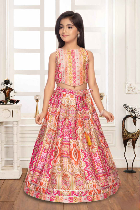 Rani Pink Sleeveless And Bandhani Printed Lehenga Choli Set For Girls