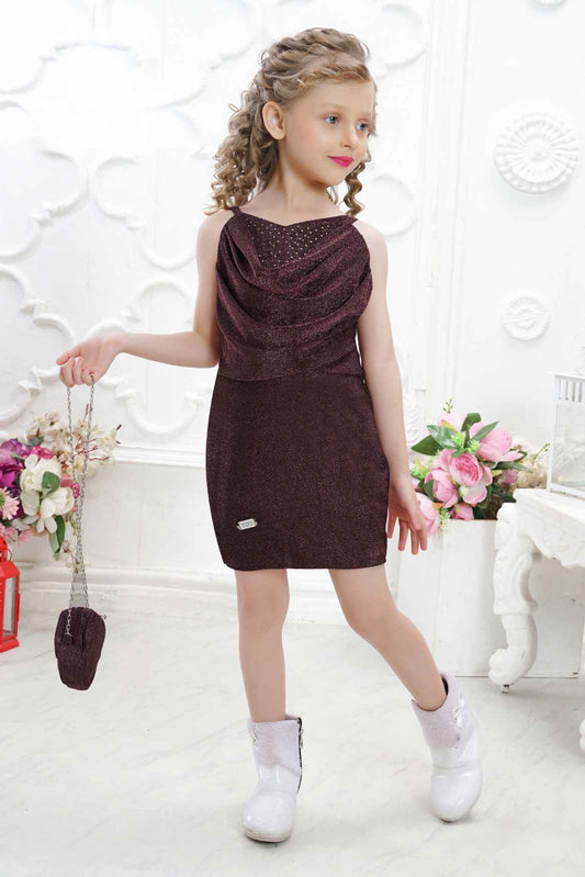 Pink Sequin Party Wear Dress With Cowl Neck For Girls