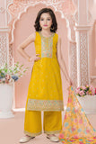 Mustard Yellow Embroidered Kurta Set with Floral Printed Dupatta For Girls