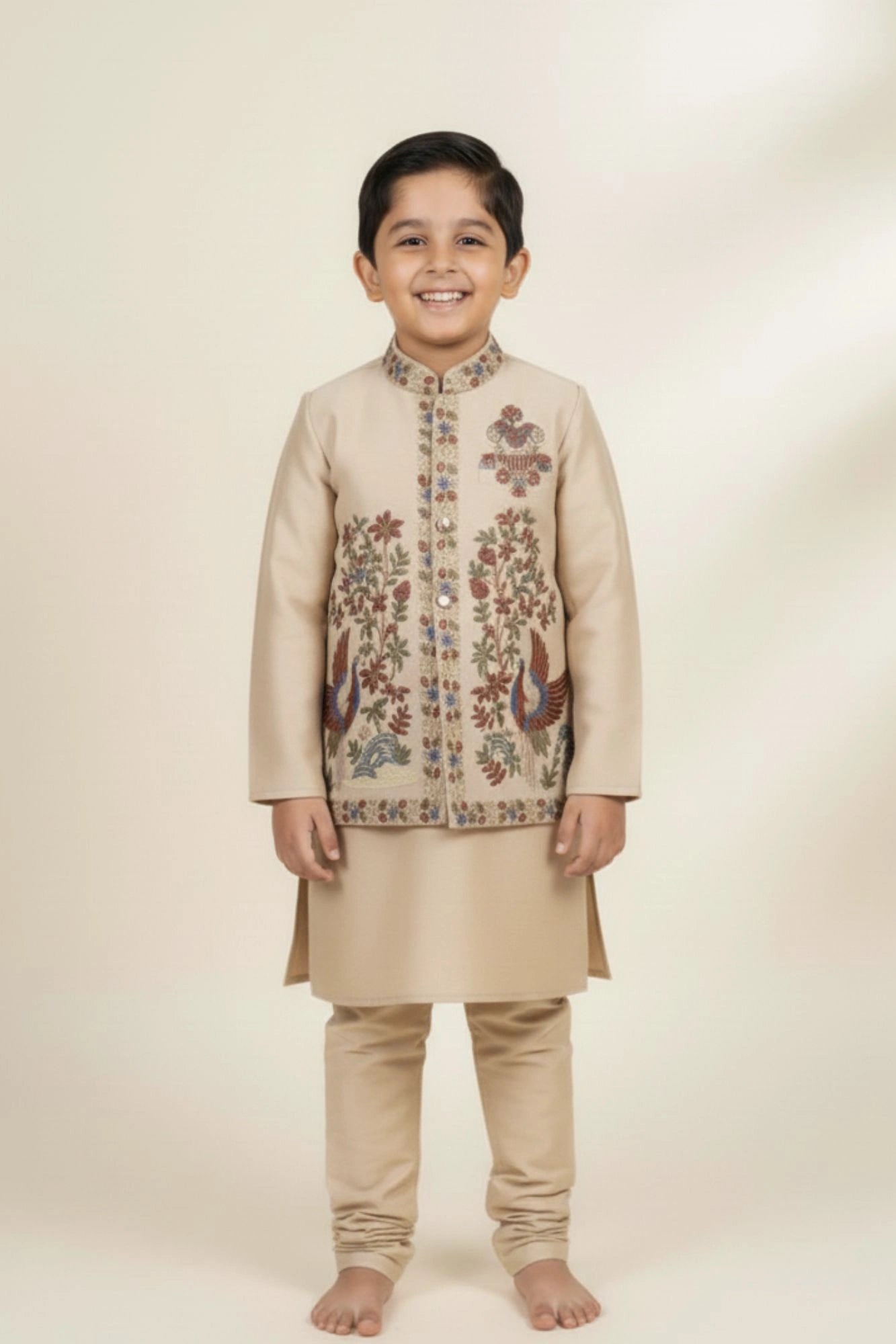 Beige Multicolor Embroidered Kurta Set For Boys