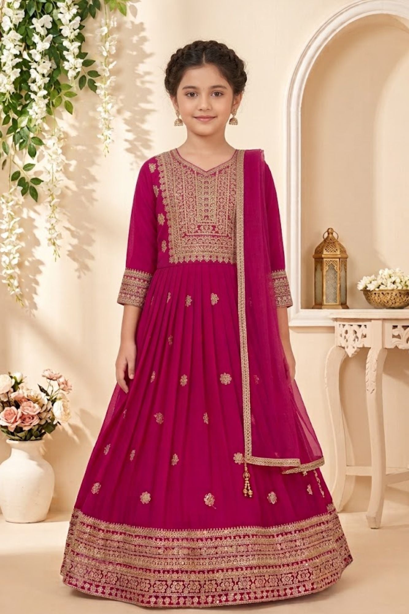 Rani Pink Embroidered Anarkali Ethnic Gown with Dupatta For Girls