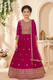 Rani Pink Embroidered Anarkali Ethnic Gown with Dupatta For Girls