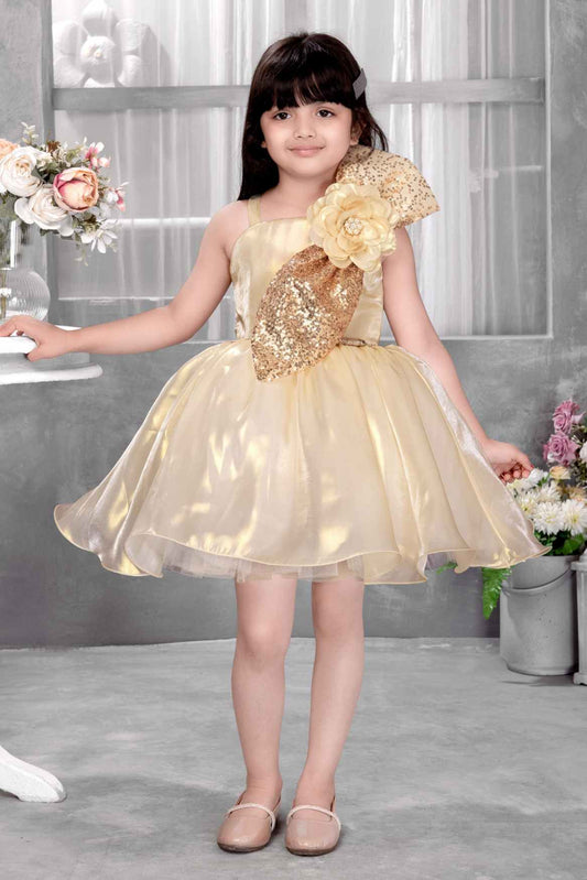 Golden Shimmer Party Frock with Sequin Bow and 3D Flower Detail For Girls