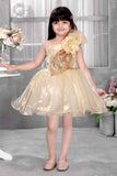 Golden Shimmer Party Frock with Sequin Bow and 3D Flower Detail For Girls