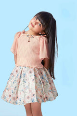 Peach Top and Printed Skirt Set For Girls