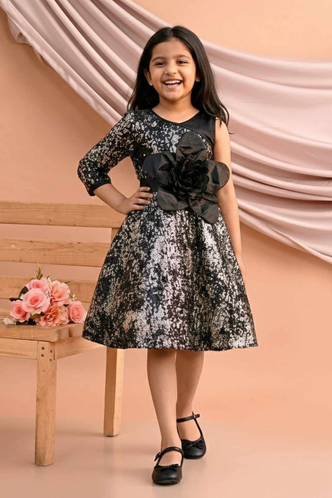 Black One-Shoulder Sequin Party Frock with 3D Floral Waist Applique For Girls