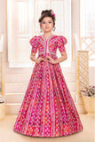 Pink Printed Ethnic Gown With Mirror Embroidery For Girls